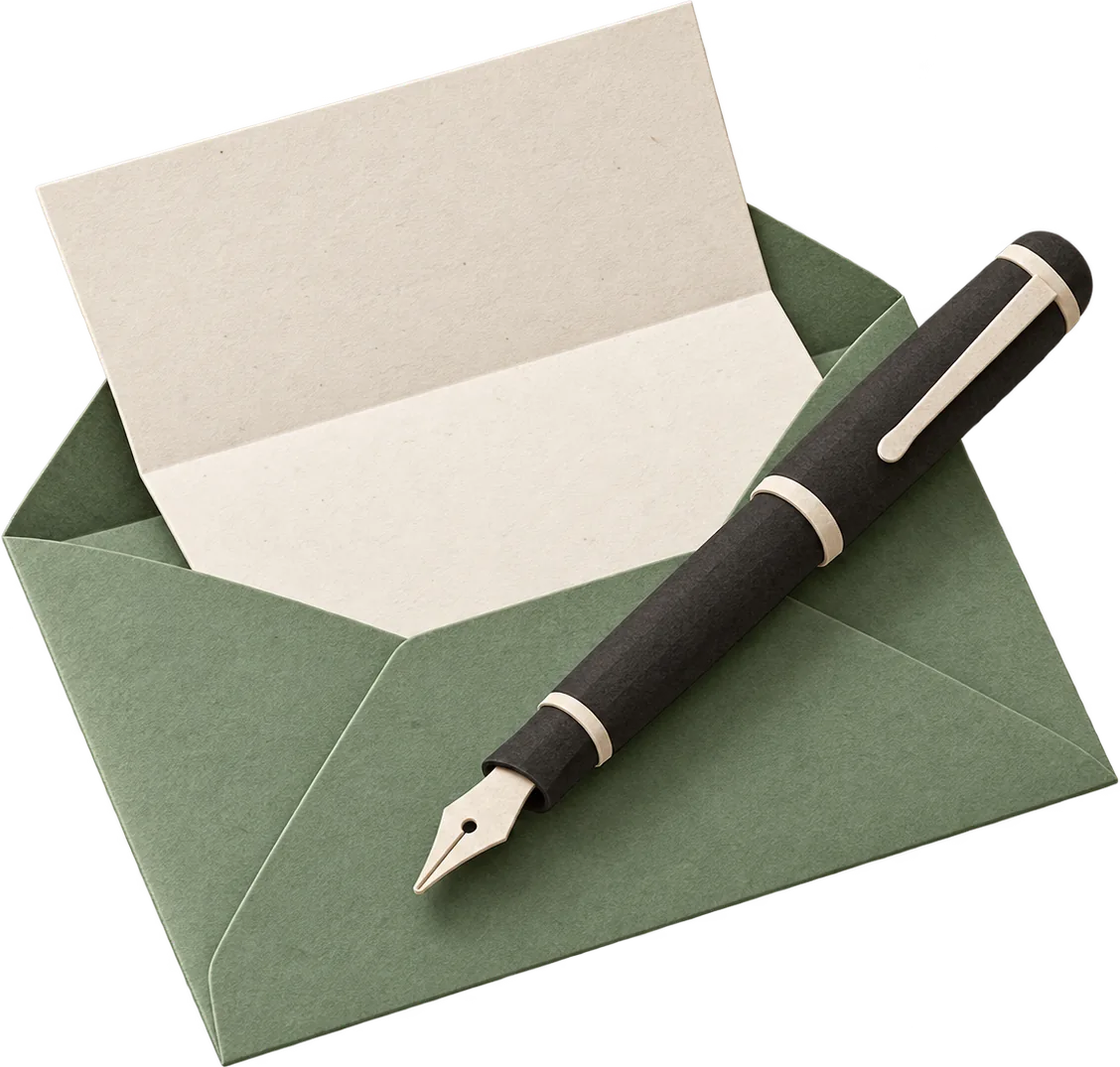 A paper letter sliding out of a green paper envelope with a black paper fountain pen