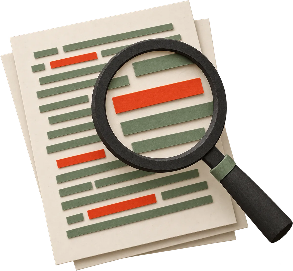 A black paper magnifying glass over a page with some lines highlighted in red