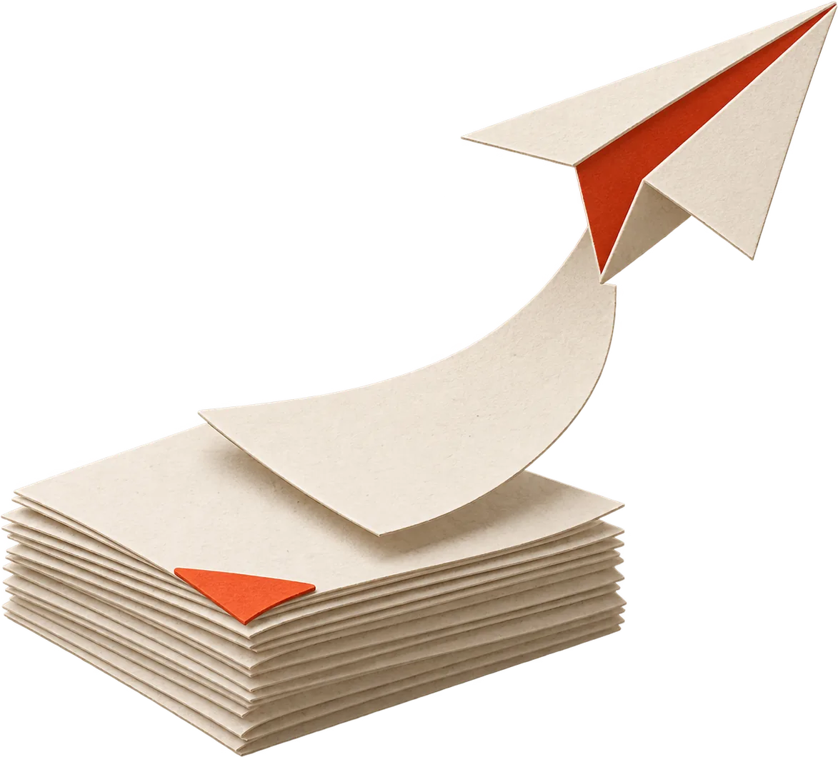A stack of paper pages with the top sheet folding itself into a paper plane