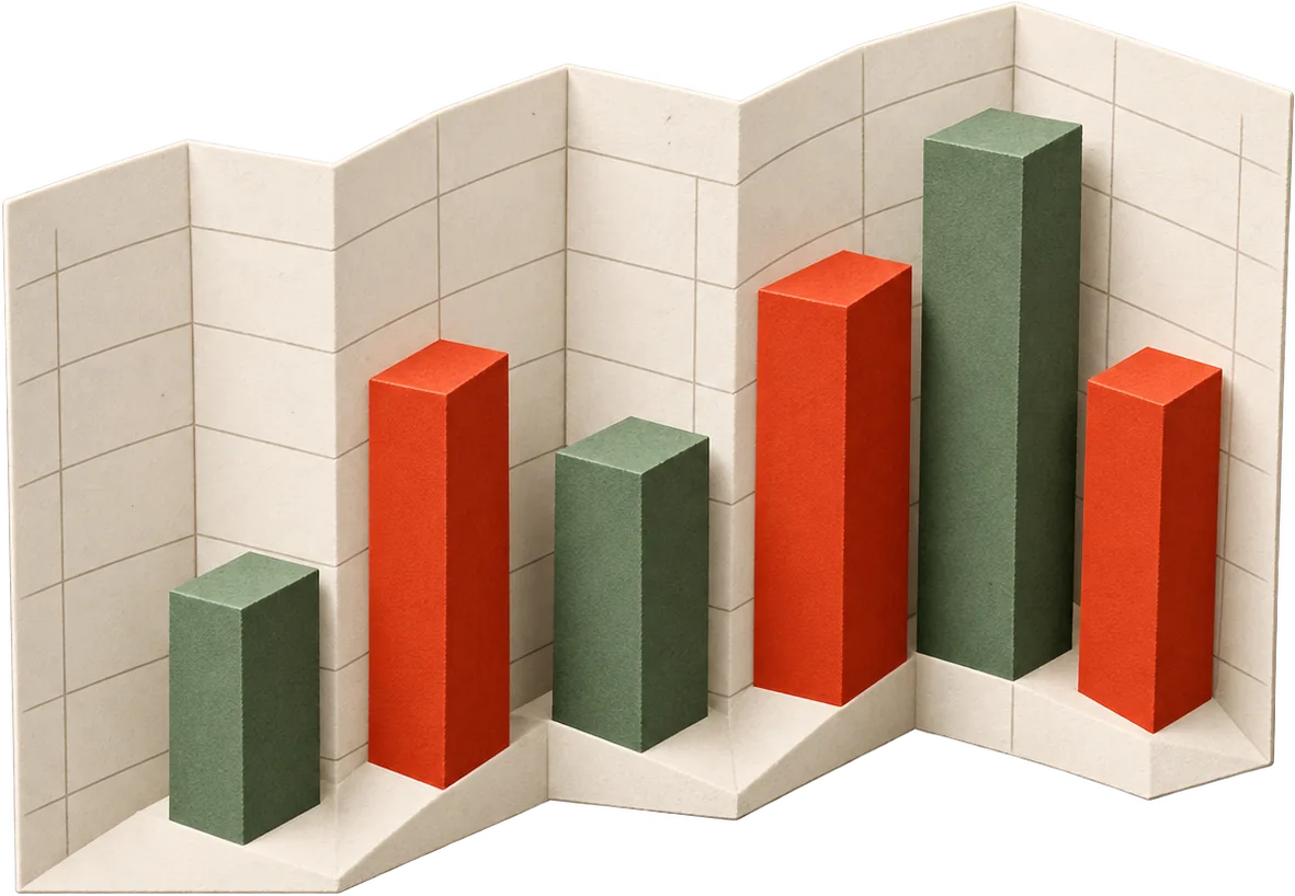 A folded paper grid sheet with green and red paper bars rising out of it like a chart